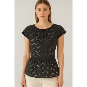Ann Taylor Black Laser Cut Eyelet Peplum Top Cap Sleeve 8P Soft Femininity 65-00